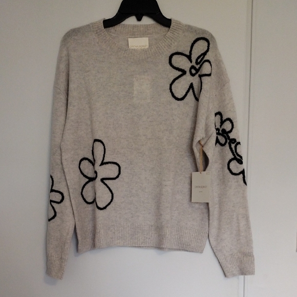 Cynthia Rowley Cream Sweater with Black Floral Accents - Picture 1 of 7